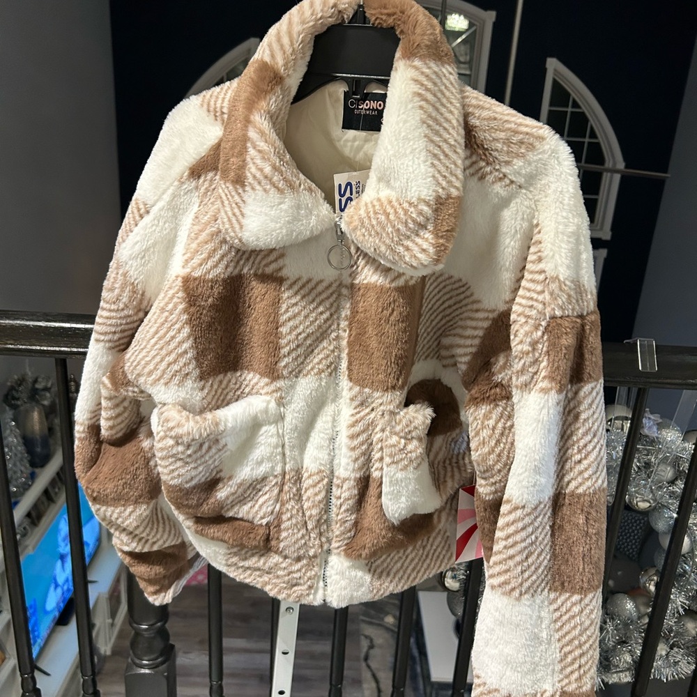 Glamorous Brown and White Checkered Women's Jacket